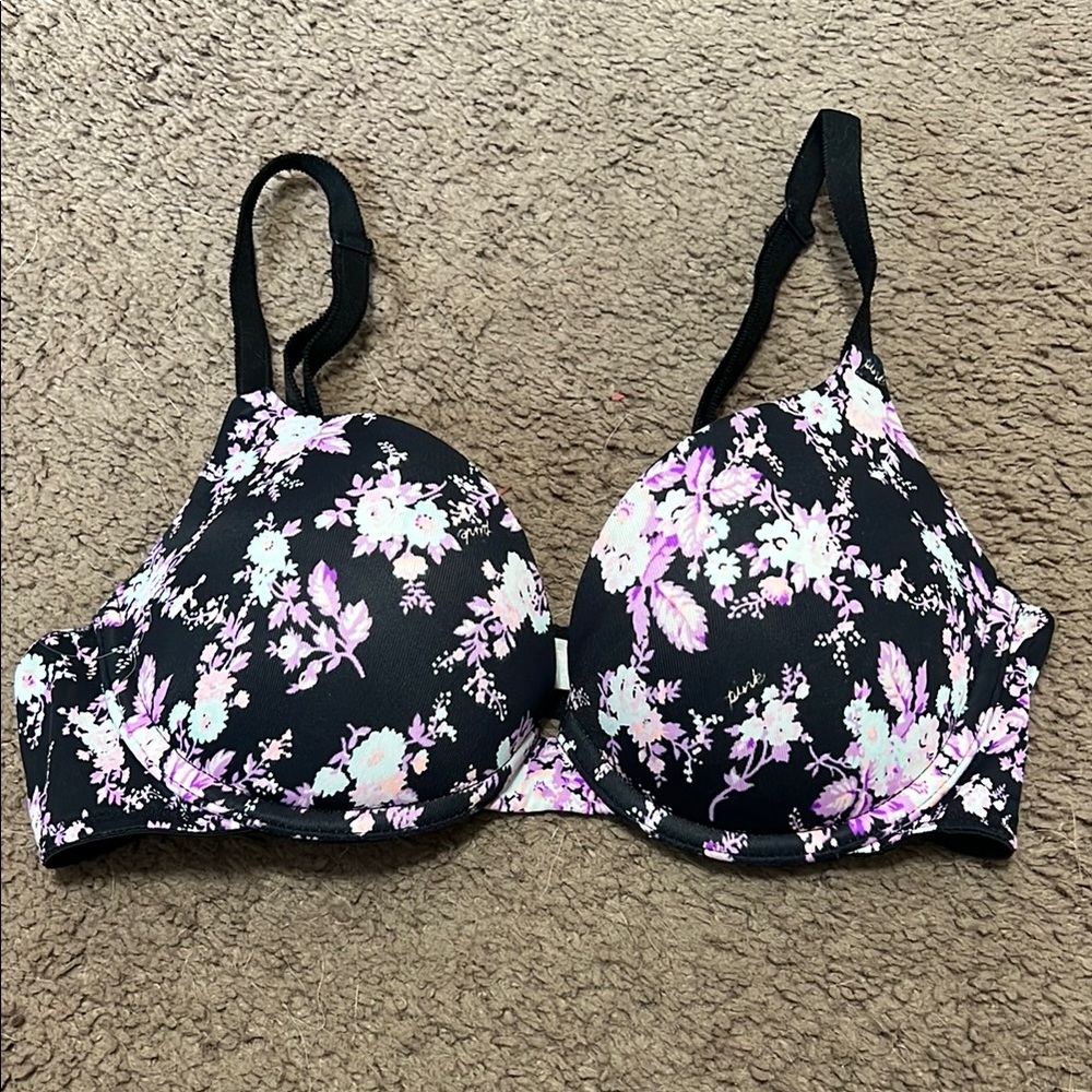 PINK Victoria's Secret Black and Pink Floral Bra